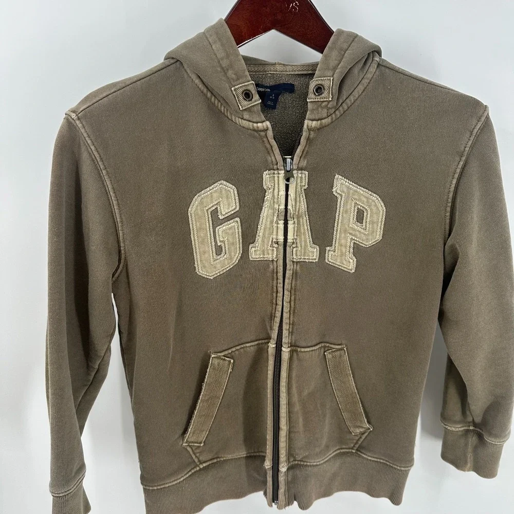Vintage Y2K Gap Retro‎ Grunge Hooded Full Zip Sweatshirt Brown Size S (6-7)